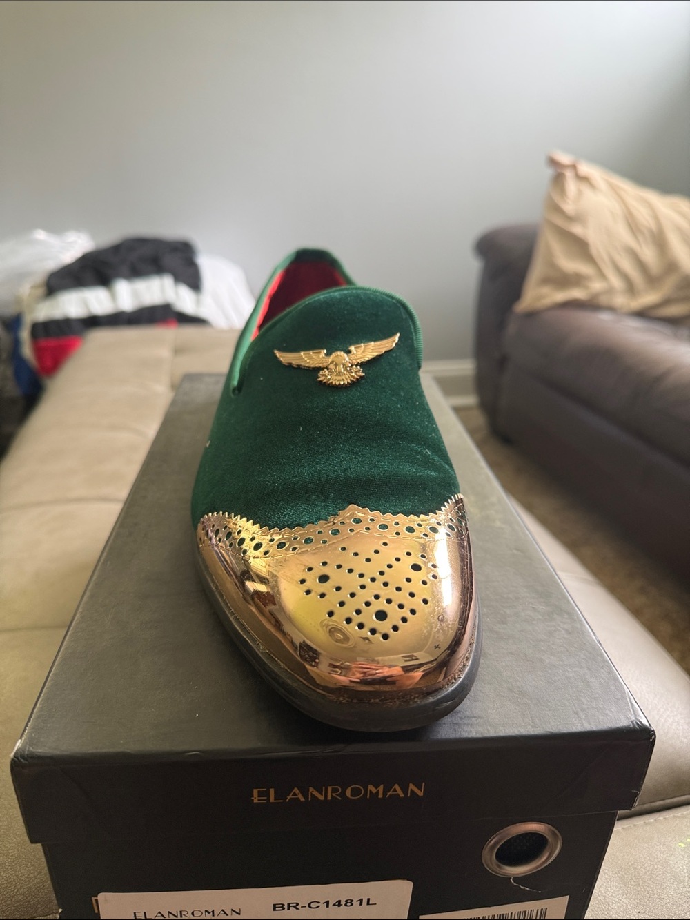 Men's Green Velvet Loafers with Gold Cap Toe